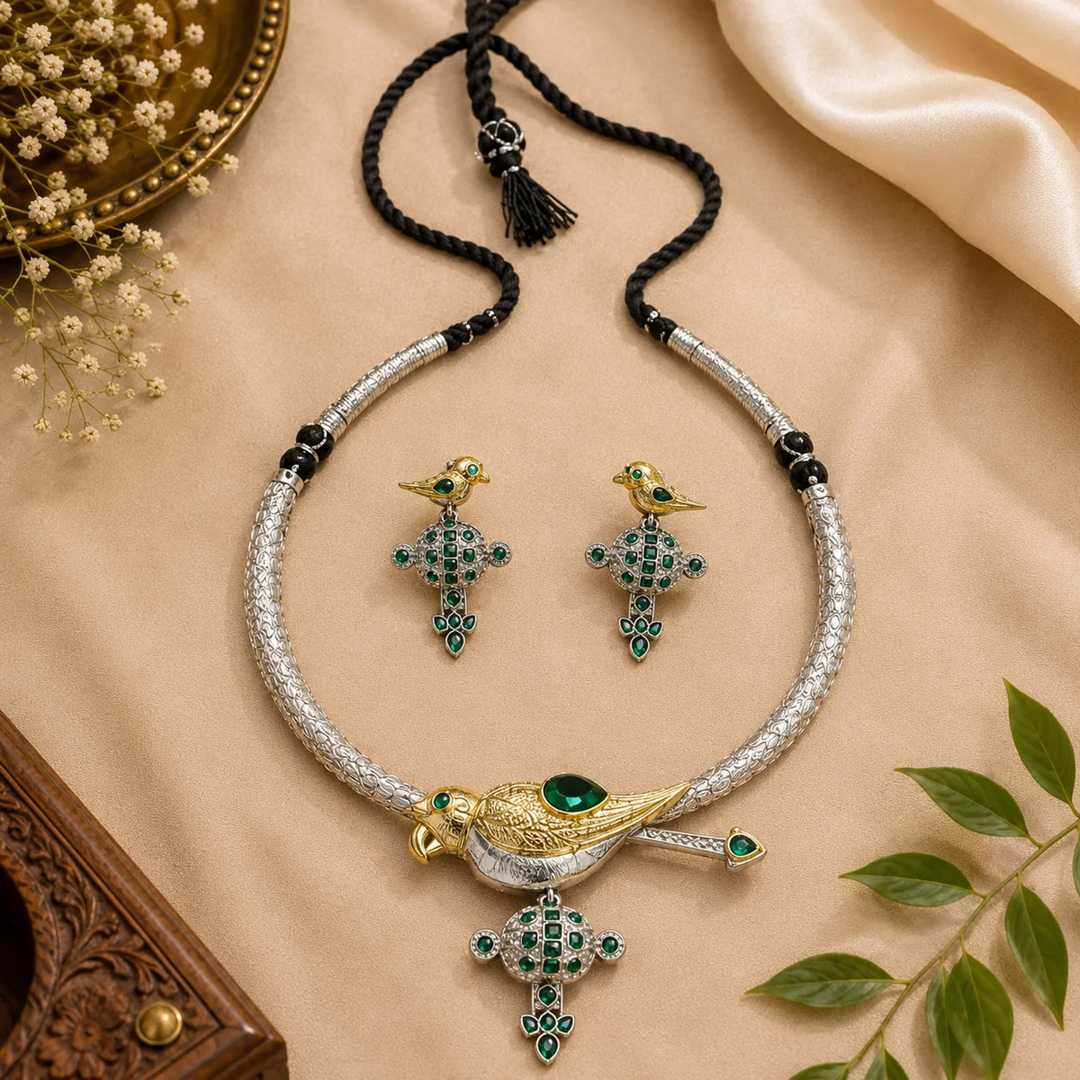 Dual-tone German Silver bird motif collar necklace styled as jewellery inspiration for lehenga and festive looks