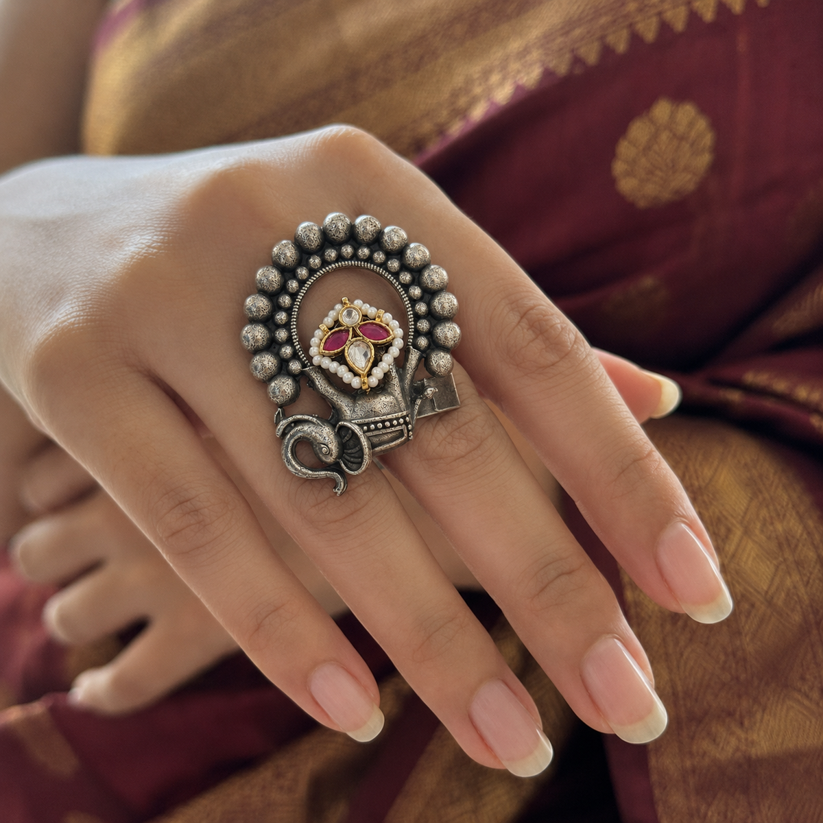 Antique silver peacock pearl-style halo statement ring for women