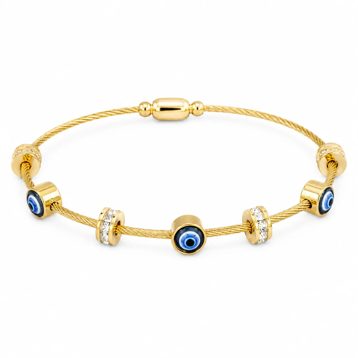 Charm bracelet styling guide featuring a gold-tone blue evil-eye crystal-style cable charm bracelet