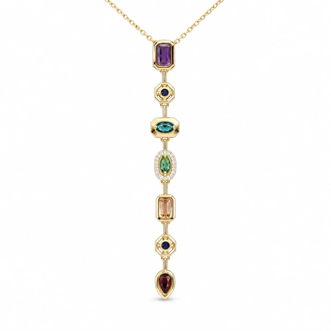 Necklace for neckline styling guide featuring a gold-tone multicolor stone drop Y necklace
