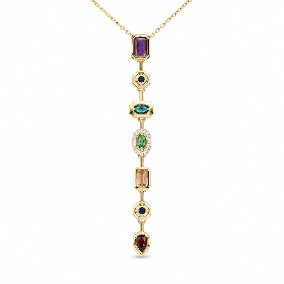 Necklace for neckline styling guide featuring a gold-tone multicolor stone drop Y necklace