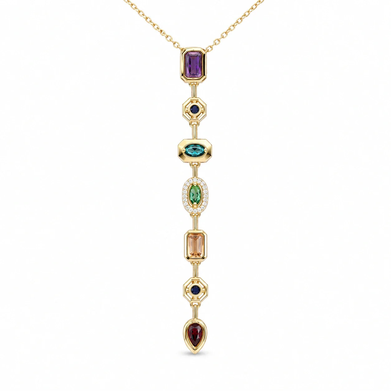 Necklace for neckline styling guide featuring a gold-tone multicolor stone drop Y necklace