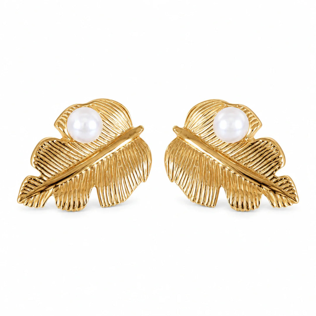 Gold-tone ribbed leaf pearl-style stud earrings styled as office wear jewellery for women