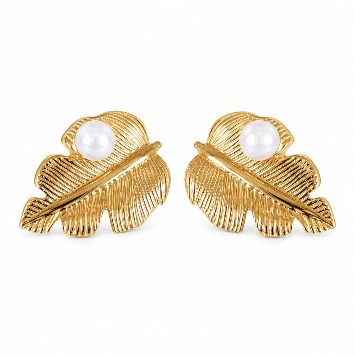 Gold-tone ribbed leaf pearl-style stud earrings styled as office wear jewellery for women
