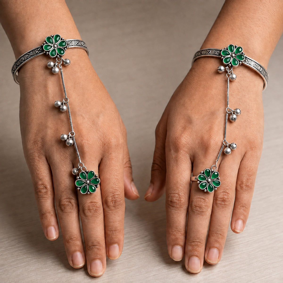 Green Floral Antique Silver Hathphool Hand Chain Pair