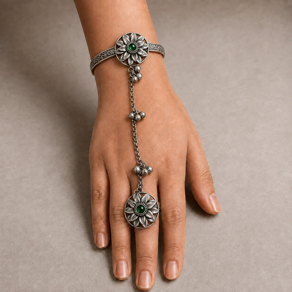 German Silver Antique Floral Green Accent Hathphool Hand Chain