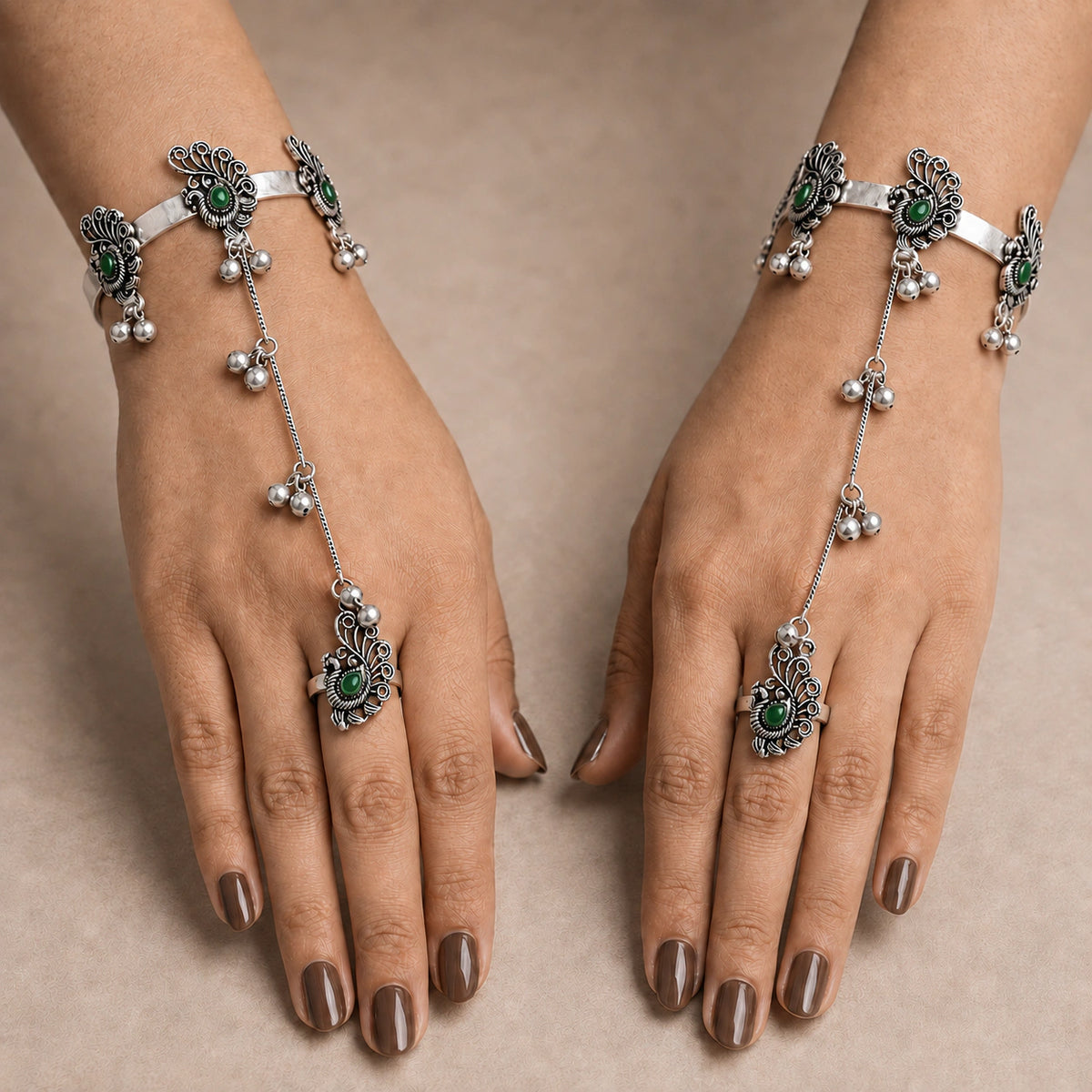 Oxidized Green Stone Peacock Hathphool Hand Chain