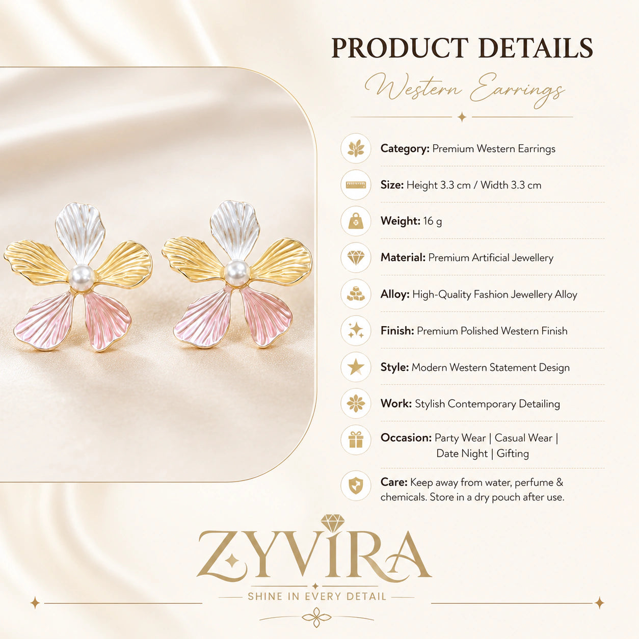 Western Multicolor Pink Floral Pearl-Style Earrings for Women