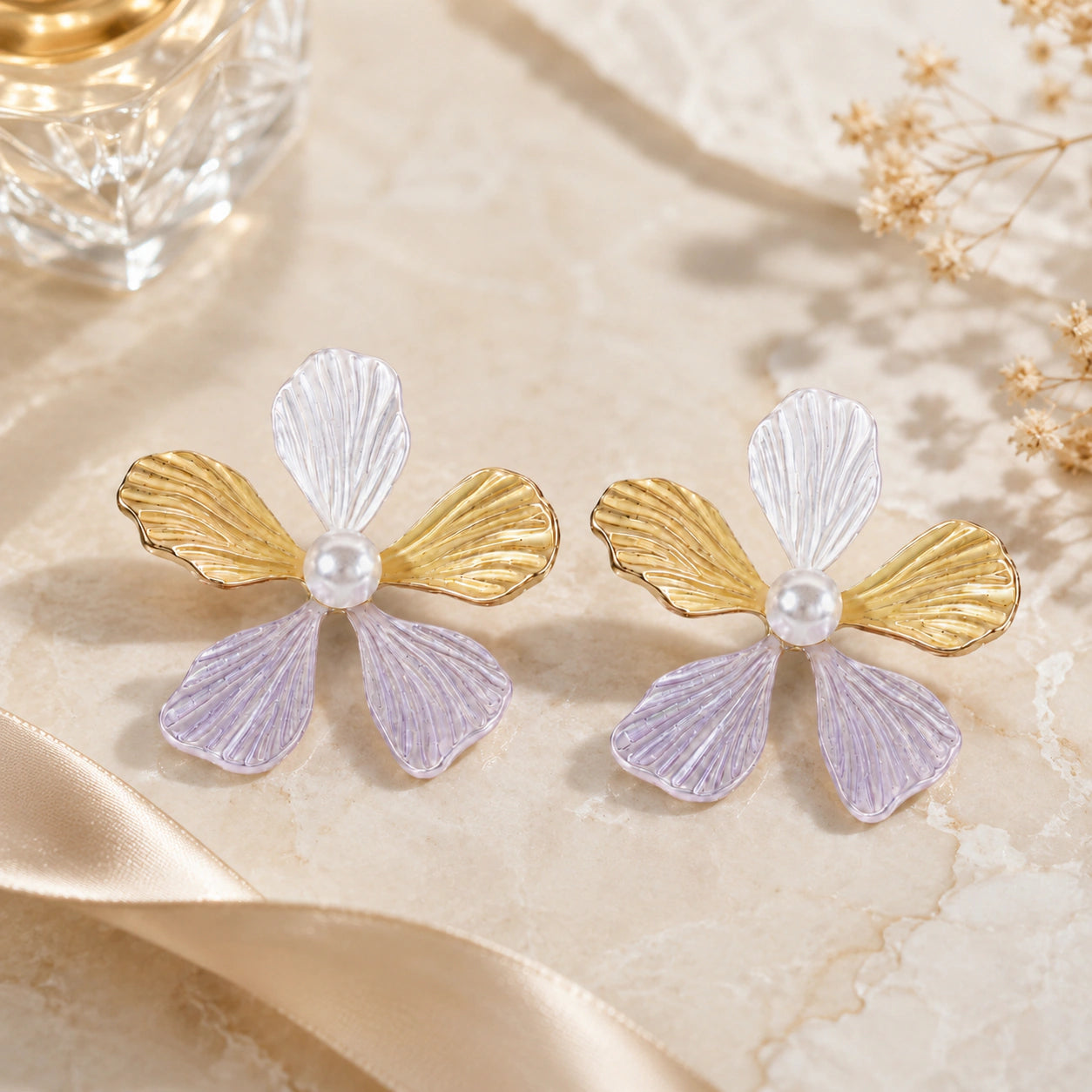 Western Multicolor Lavender Floral Pearl-Style Drop Earrings for Women