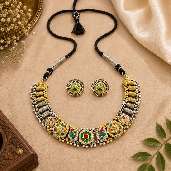Dual-Tone German Silver Multicolour Medallion Statement Necklace