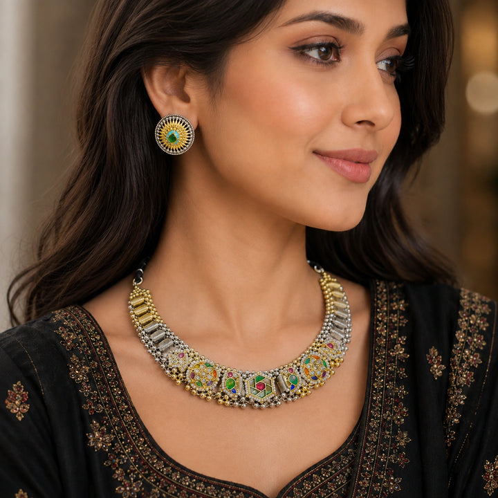 Dual-Tone German Silver Multicolour Medallion Statement Necklace