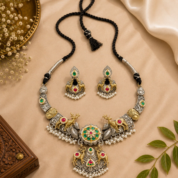 Dual-Tone German Silver Deer Medallion Statement Necklace Set