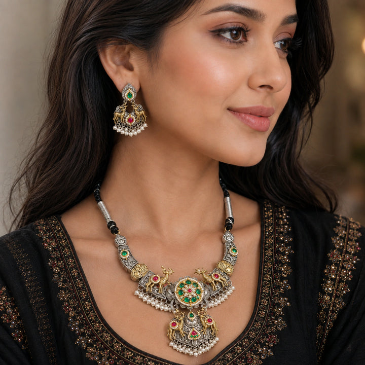 Dual-Tone German Silver Deer Medallion Statement Necklace Set