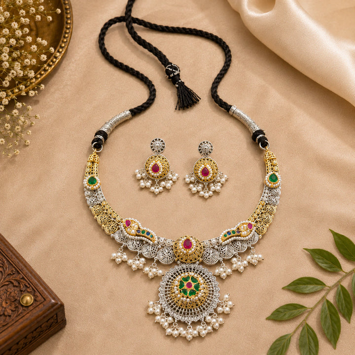 Dual-Tone German Silver Kundan-Style Medallion Choker Necklace