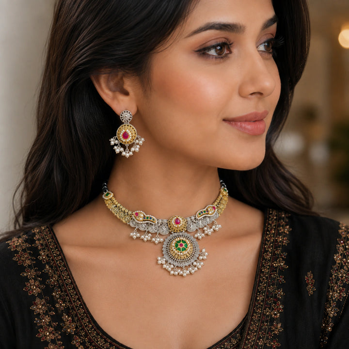 Dual-Tone German Silver Kundan-Style Medallion Choker Necklace