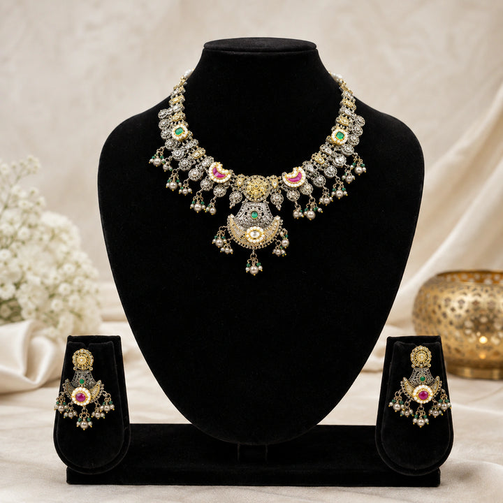 Dual-Tone German Silver Crescent Medallion Statement Necklace Set
