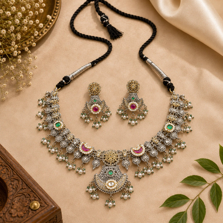 Dual-Tone German Silver Crescent Medallion Statement Necklace Set