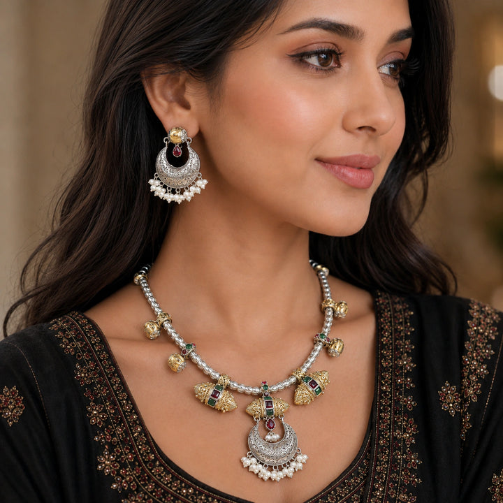 Dual-Tone German Silver Crescent Pearl Statement Necklace Set