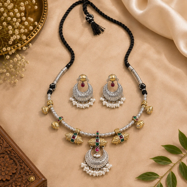 Dual-Tone German Silver Crescent Pearl Statement Necklace Set