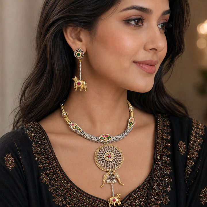 Dual-Tone German Silver Mandala Elephant Necklace Set