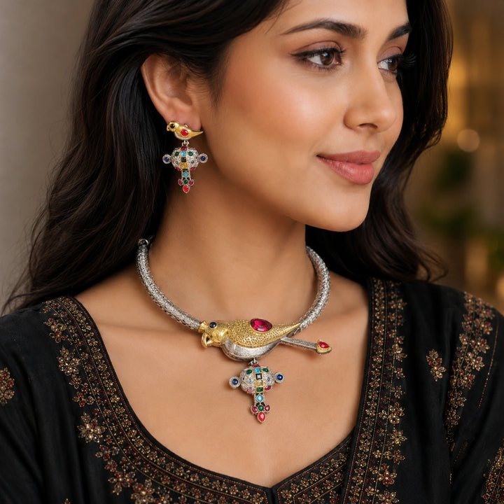Dual-Tone German Silver Bird Statement Necklace Set