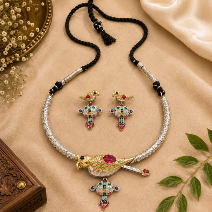 Dual-Tone German Silver Bird Statement Necklace Set