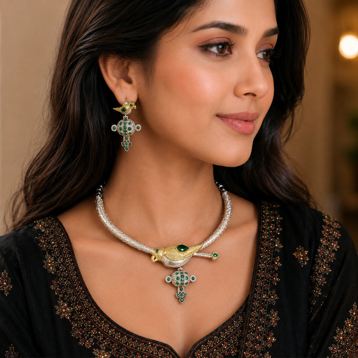 Dual-Tone German Silver Bird Motif Collar Necklace Set with Green Stones