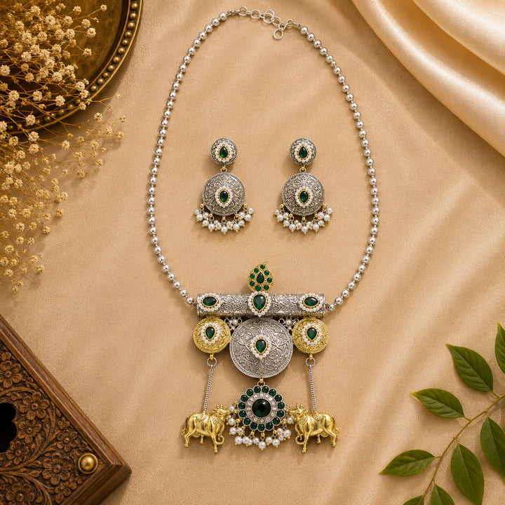 Dual-Tone German Silver Green Stone Medallion Necklace Set