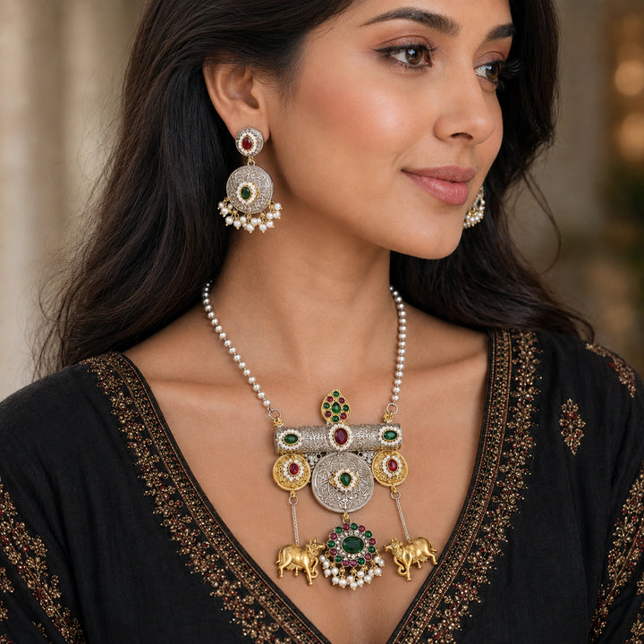 Dual-Tone German Silver Elephant Medallion Statement Necklace