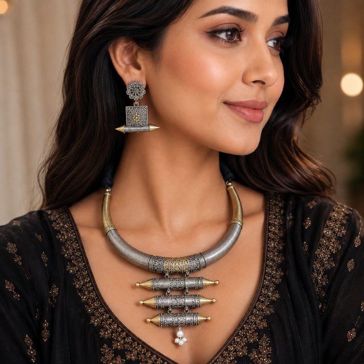 Dual-Tone German Silver Triple-Bar Hasali Necklace Set
