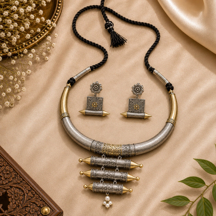Dual-Tone German Silver Triple-Bar Hasali Necklace Set