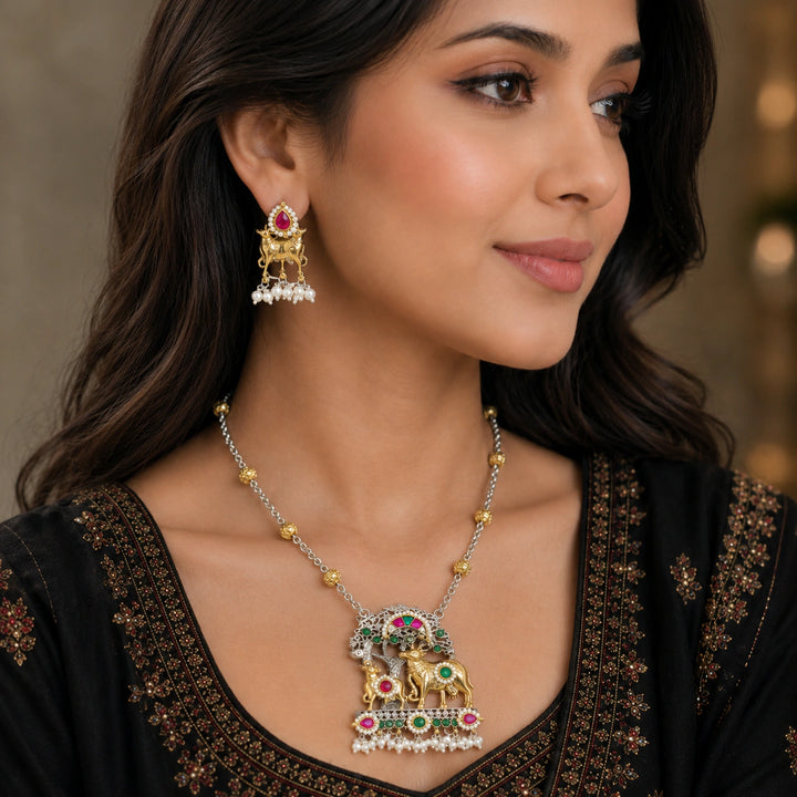 Dual-Tone German Silver Deer Motif Statement Necklace Set