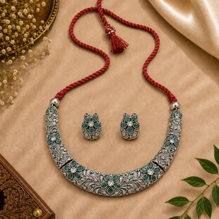 Antique German Silver Green Floral Stone Collar Necklace