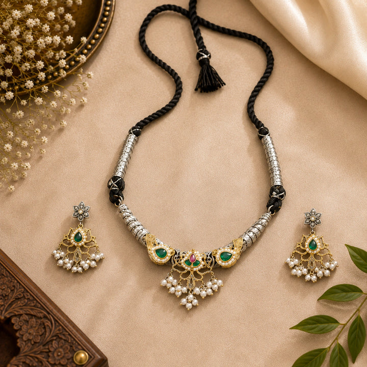 Dual-Tone German Silver Green Stone Pearl-Style Necklace Set