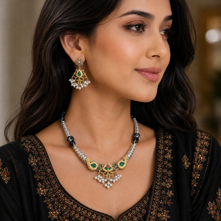 Dual-Tone German Silver Green Stone Pearl-Style Necklace Set