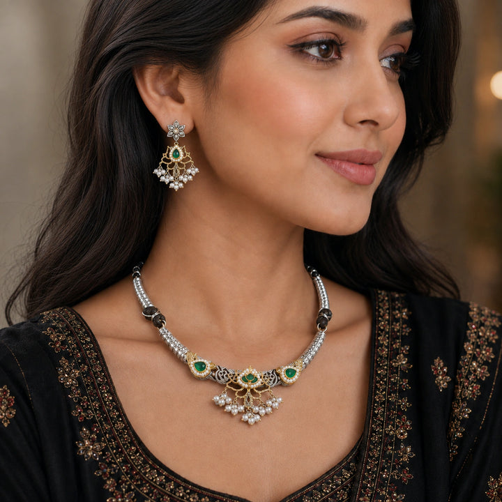 Dual-Tone German Silver Green Stone Pearl-Style Statement Necklace