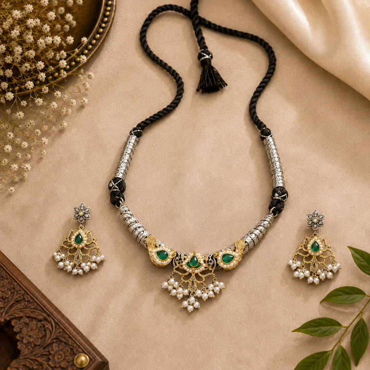 Dual-Tone German Silver Green Stone Pearl-Style Statement Necklace
