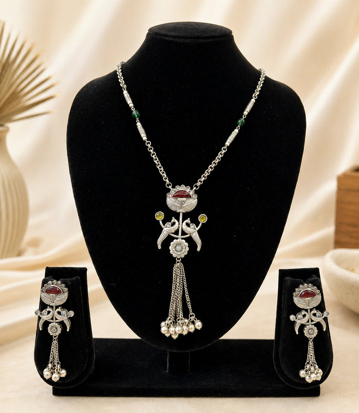 Antique German Silver Paired Bird Tassel Pendant Necklace Set