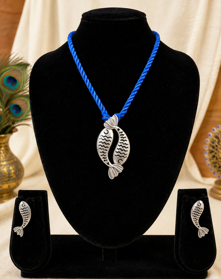 Antique German Silver Twin Fish Blue Cord Pendant Necklace