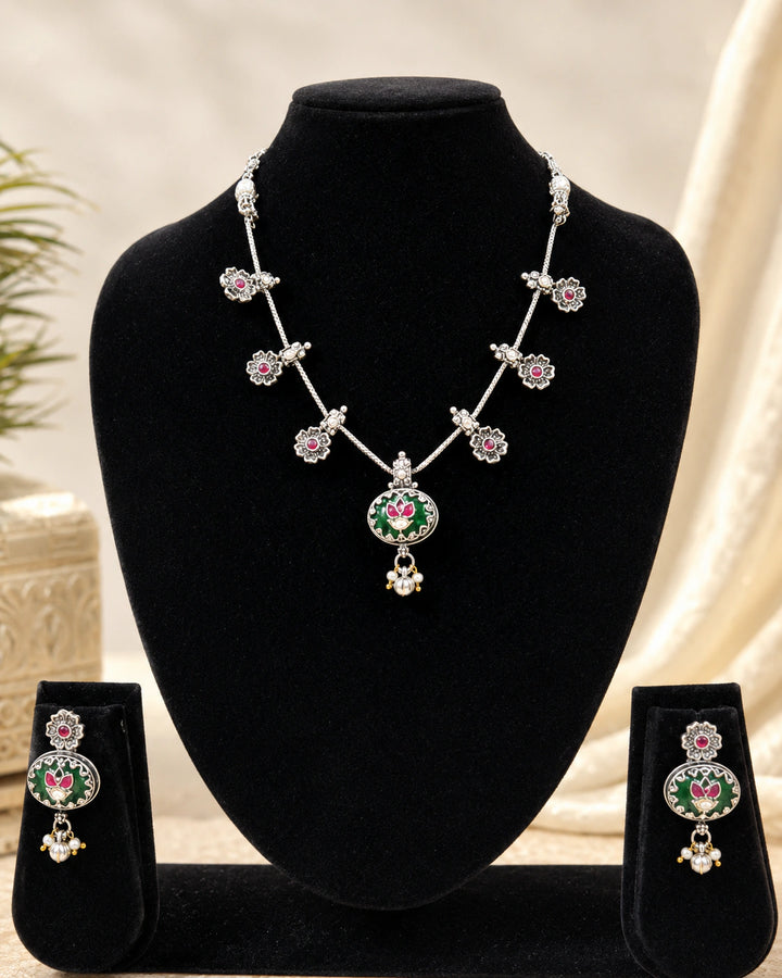 Antique German Silver Lotus Pendant Necklace Set