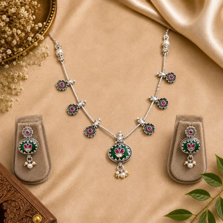 Antique German Silver Lotus Pendant Necklace Set