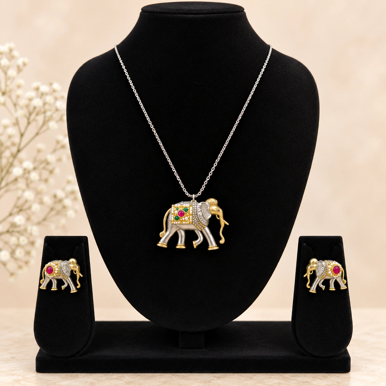 Dual-Tone German Silver Elephant Pendant With Earrings Necklace Set
