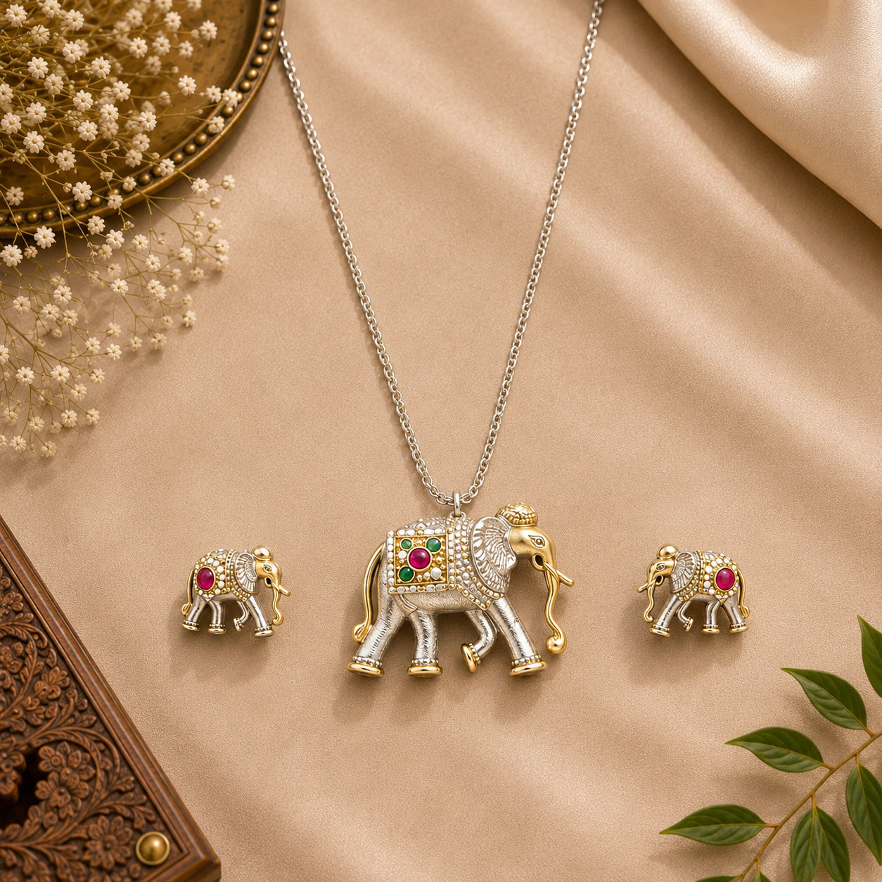 Dual-Tone German Silver Elephant Pendant With Earrings Necklace Set