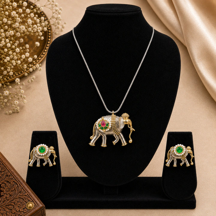 Dual-Tone German Silver Elephant Pendant Necklace Set