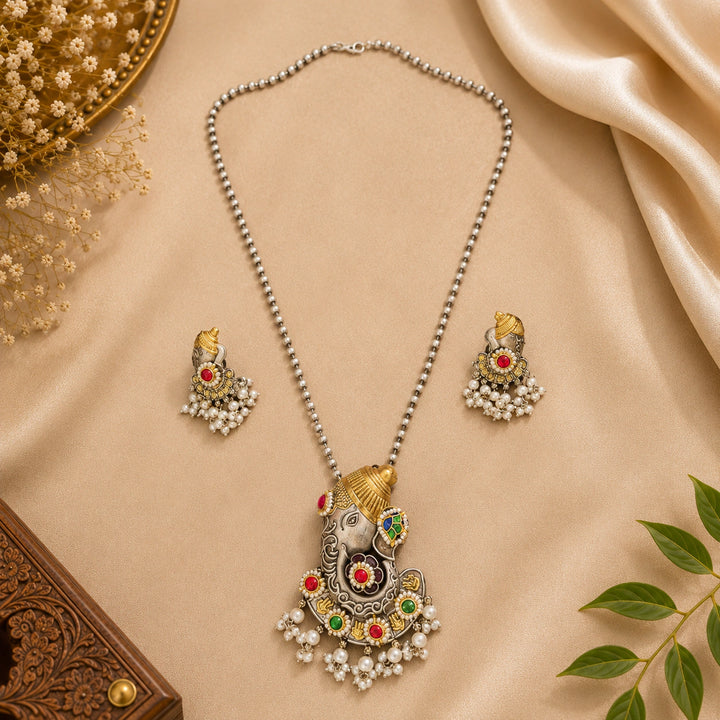 Dual-Tone German Silver Ganesha Multicolour Pendant Necklace