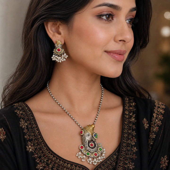 Dual-Tone German Silver Ganesha Multicolour Pendant Necklace