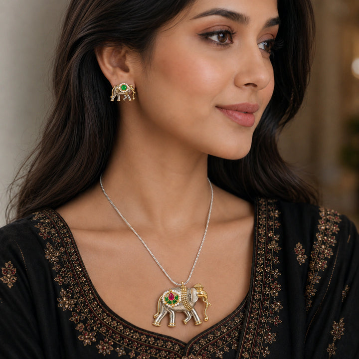 Dual-Tone German Silver Elephant Pendant Necklace Set