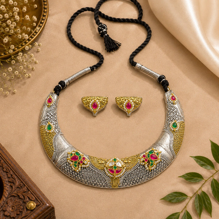Dual-Tone German Silver Floral Fusion Collar Necklace