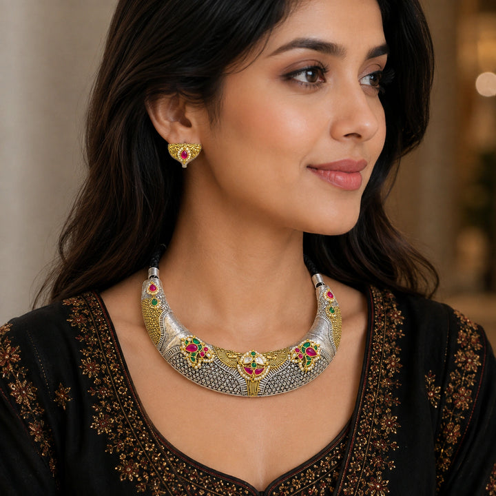 Dual-Tone German Silver Floral Fusion Collar Necklace