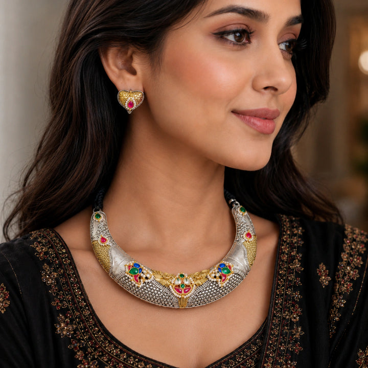 Dual-Tone German Silver Multicolour Fusion Collar Necklace Set
